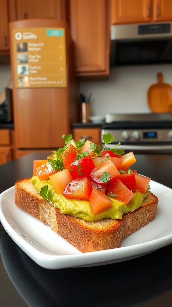 A colorful avocado toast topped with tomatoes and herbs, with a Spotify playlist in the background.
